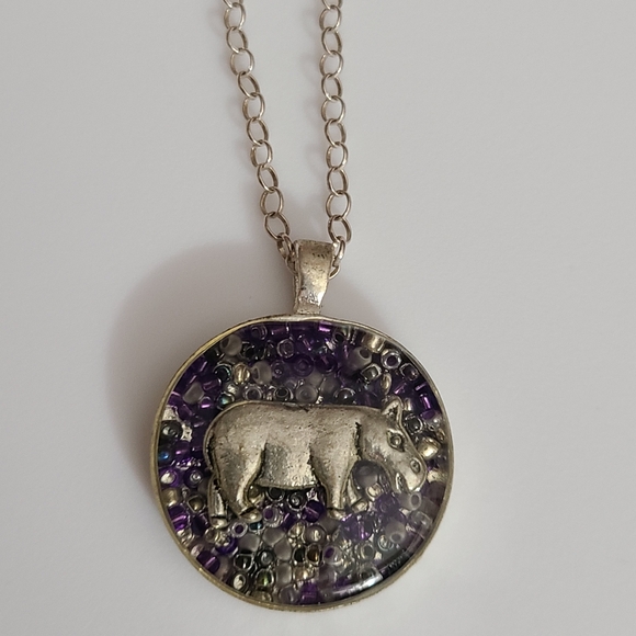 925 Sterling Hippo Necklace Resin Beads Charm 925 Chain 20" Purple - Picture 9 of 11